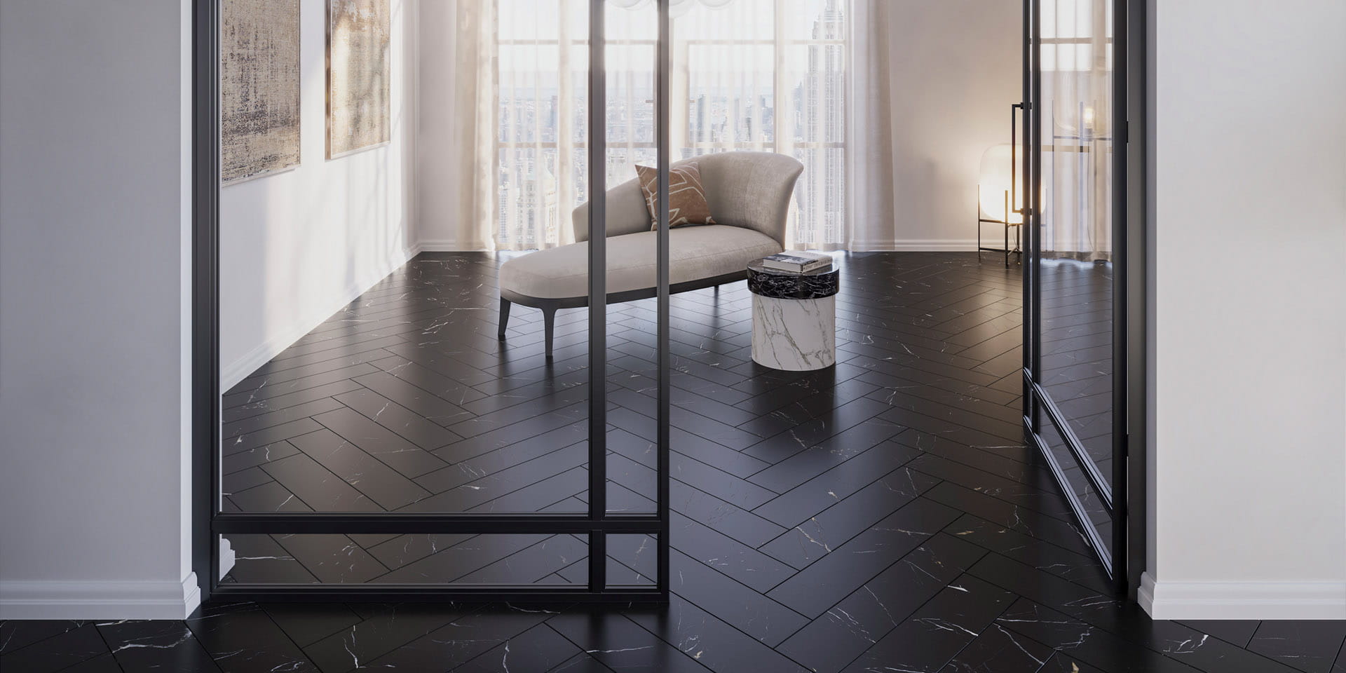 Black Marble Herringbone - Noir